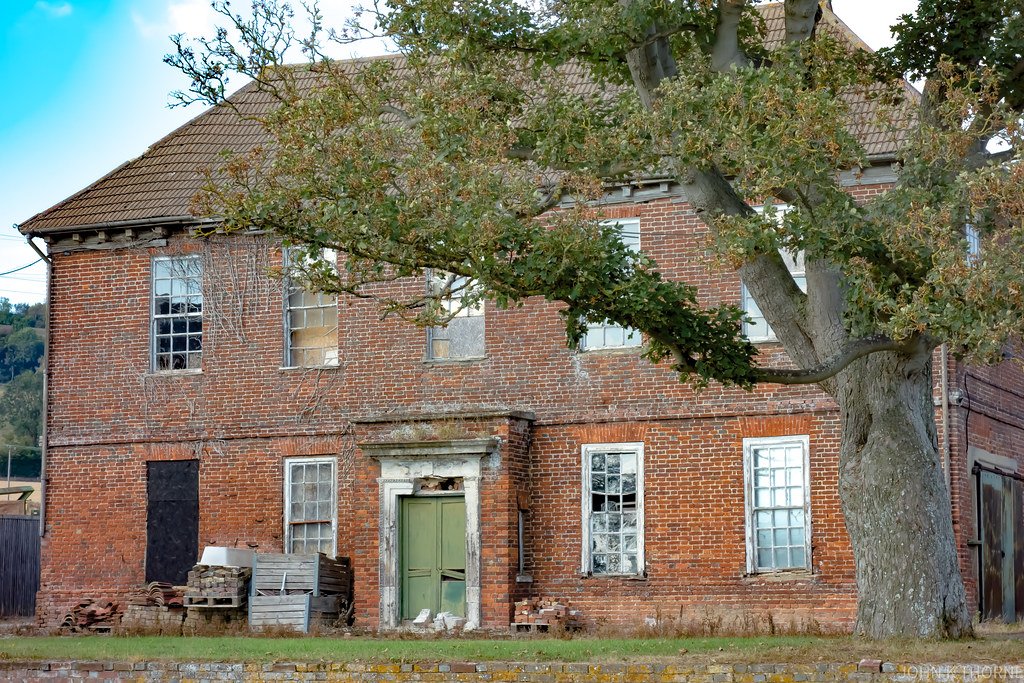 Brick colonial house beside a mature tree