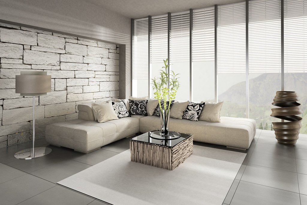 Living room seating arranged around a low table