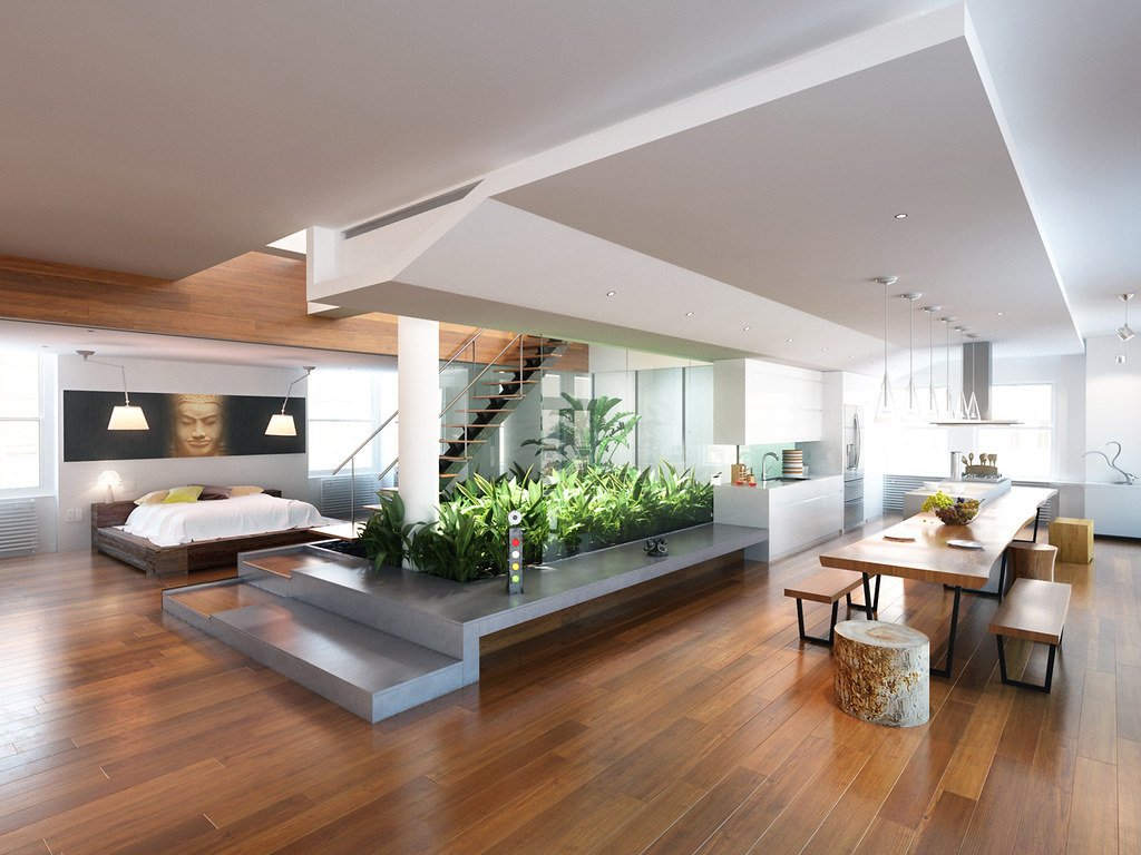 Open plan living and dining space with natural light